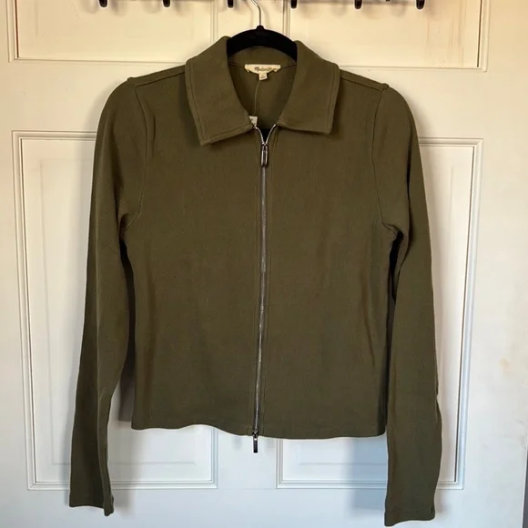 Madewell Olive Green Women's Cotton Zip Up Top - Picture 3 of 8